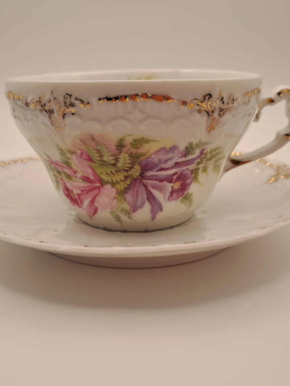 ​Antique Weimar Germany Porcelain Teacup Saucer Set Floral Orchid Gold Gilt Trim